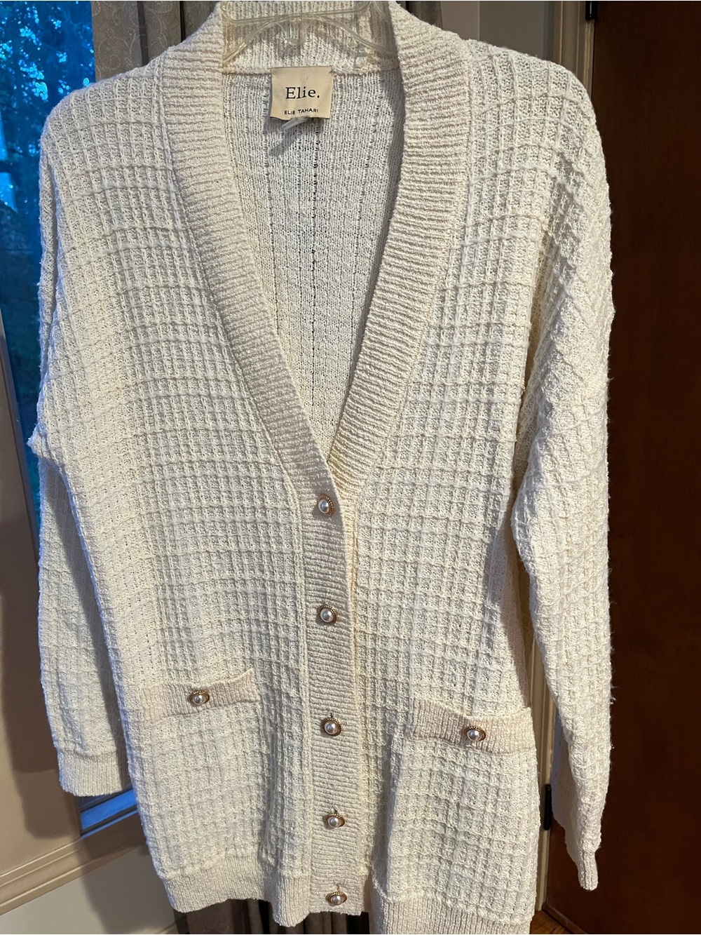 Elie Tahari Ivory Waffle Knit Cardigan with Pearl Buttons